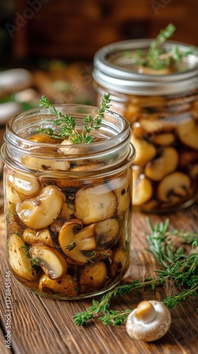 Delicious Pickled Mushrooms Preserved in Jars With Fresh Herbs on a Rustic Wo...