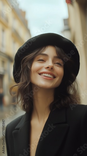 Smiling Woman Wearing a Black Hat in a Bright Room With Natural Lighting