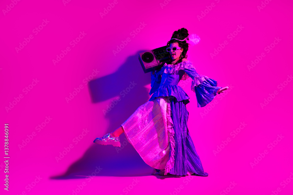 Fototapeta premium Unique combination of historical attire and modern vibe showcasing a creative and intriguing visual theme in vibrant pink