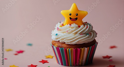 Delightful Star Cupcake Decorated With Vibrant Sprinkles on Pastel Background