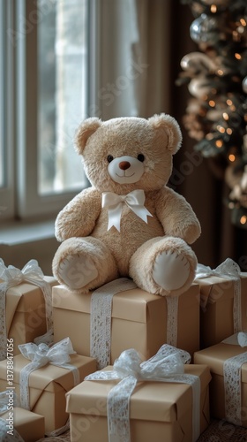 Teddy Bear Surrounded by Wrapped Gifts Near a Window During a Festive Holiday...