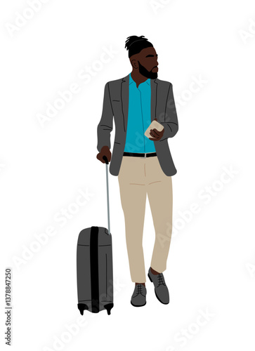 Black business man in suit walking with suitcase. Handsome guy with afro hair holding mobile phone. Business travel concept flat vector illustration isolated 