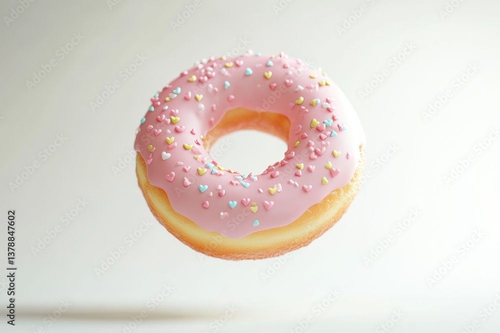 Pink donut with heart sprinkles, floating against a white background. Sweet and delicious treat. Pink donut with heart sprinkles, floating against a white background. Sweet and delicious treat.