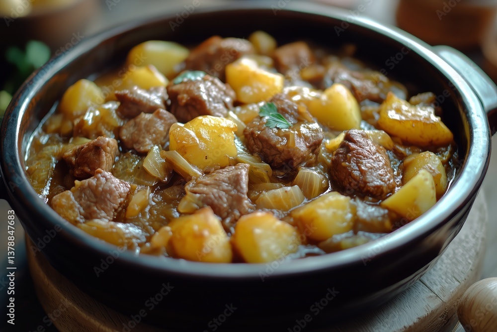 Cabbage and Potato Stew Simmering in a Rustic Clay Pot on a Wooden Table Cabbage and Potato Stew Simmering in a Rustic Clay Pot on a Wooden Table