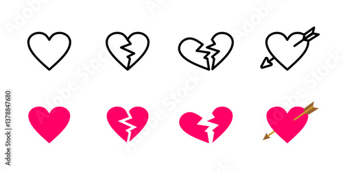 Heart icon. Set of heart symbols with full, broken, tilted broken and arrow-pierced vector illustrations. Love and relationship signs for expressing emotions, romance, heartbreak and affection.
