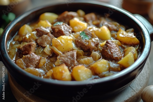 Cabbage and Potato Stew Simmering in a Rustic Clay Pot on a Wooden Table