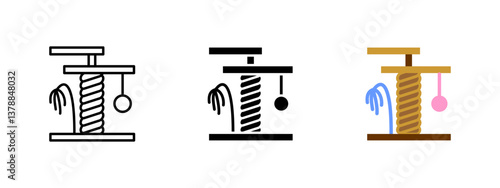 Cat scratcher icon. Vertical sisal scratching post with perch and hanging toy vector illustration. Interactive furniture for indoor feline exercise, claw care and playful activity symbol.