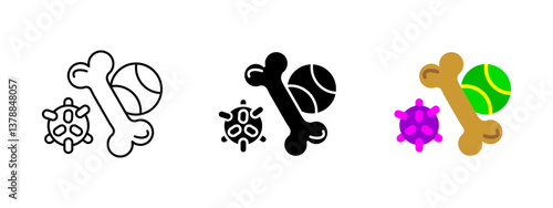 Pet toy icon. Set of dog toys including bone, tennis ball, and rubber chew ball vector illustration. Fun and colorful items for playing and training domestic animals.