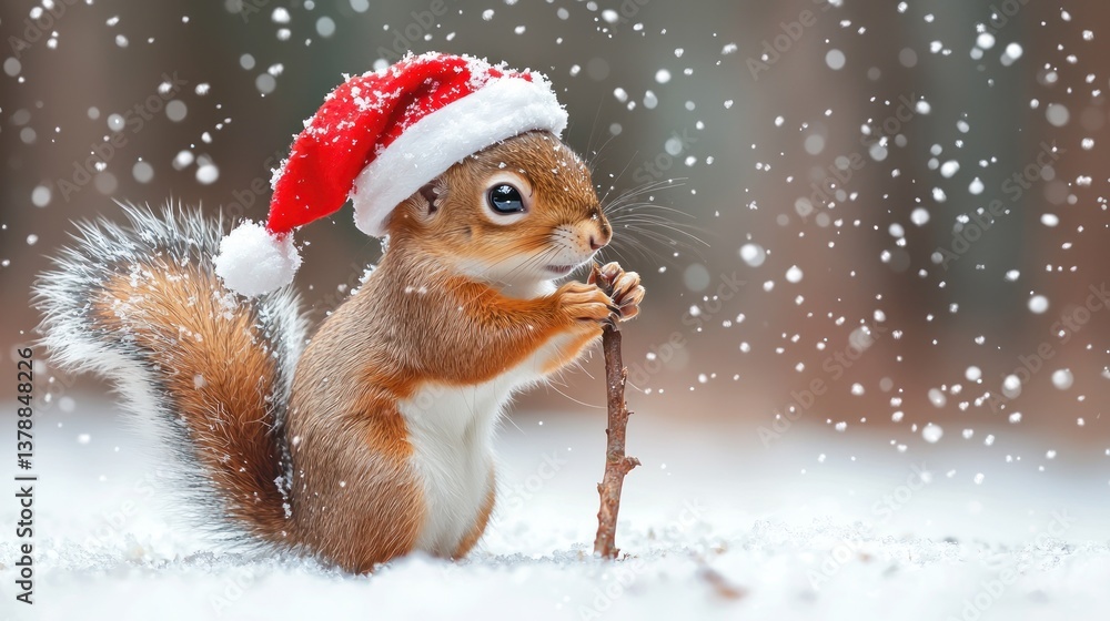 Adorable red squirrel in Santa hat, holding a twig, amidst falling snow. Adorable red squirrel in Santa hat, holding a twig, amidst falling snow.