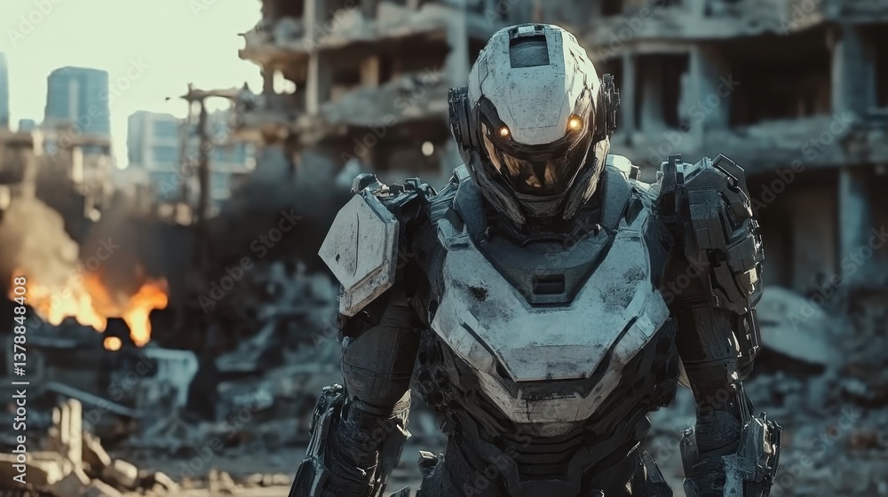 Obraz premium Soldier surveys the destruction in a post-apocalyptic urban landscape after a devastating conflict