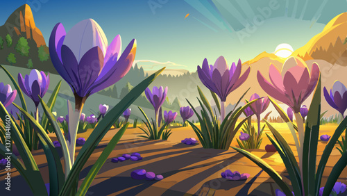 3D animation of crocuses blooming in real-time, showing the flowers opening slowly under the rising sun, with dynamic lighting and detailed textures bringing the scene to life