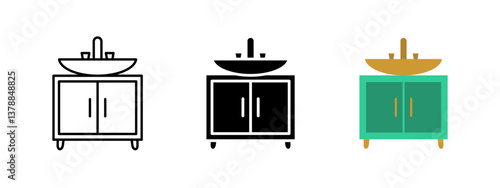 Sink cabinet icon. Bathroom vanity with basin and faucet vector illustration. Functional furniture for home hygiene, plumbing and modern washroom interior decor.