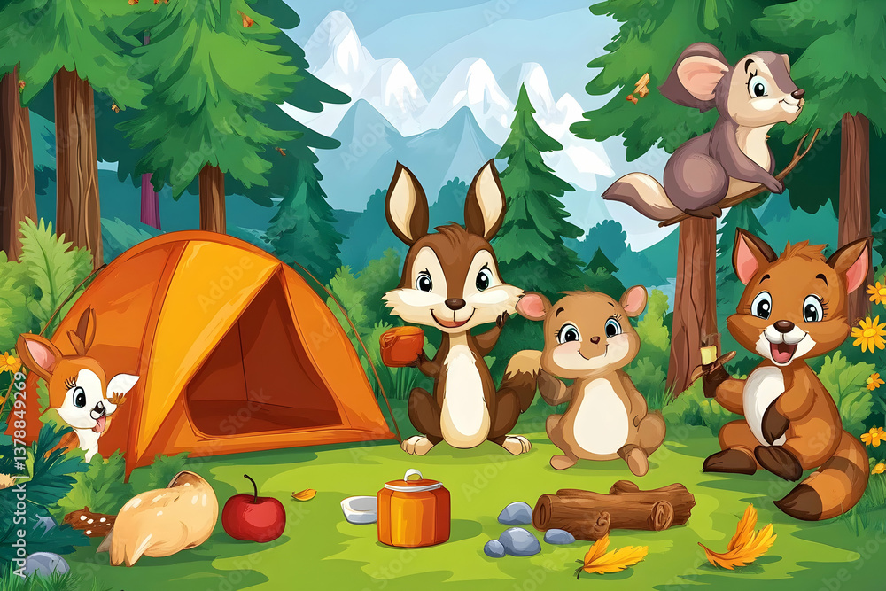 Naklejka premium Colorful Woodland Scene with Adorable Animals Enjoying a Picnic Near a Bright Orange Tent