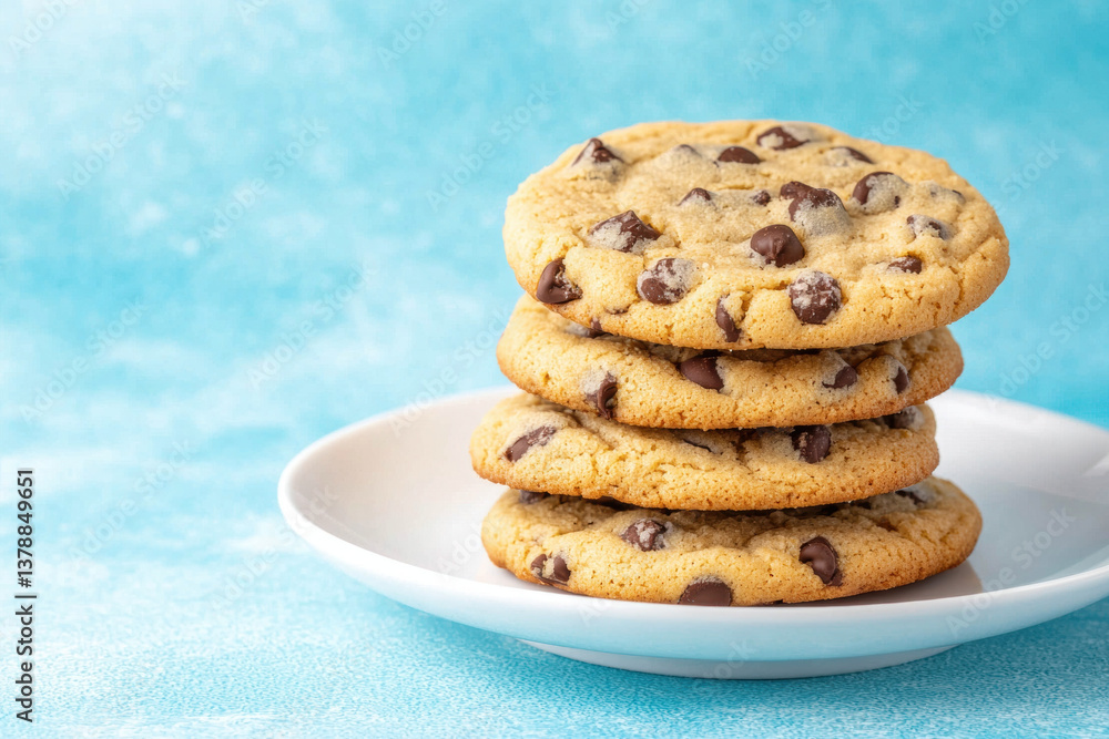Delicious chocolate chip cookies stacked on white plate against vibrant blue background, showcasing their golden brown color and gooey chocolate chips, perfect for dessert lovers Delicious chocolate chip cookies stacked on white plate against vibrant blue background, showcasing their golden brown color and gooey chocolate chips, perfect for dessert lovers