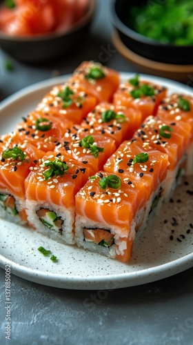 Fresh Sushi Rolls Topped With Salmon and Garnished With Green Onions Ready fo...