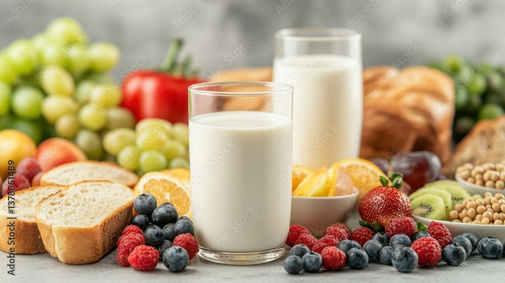 Milk vs Soy Concept, Fresh Breakfast Spread with Soy Milk, Bread, Fruits, and Berries on a Gray Background Milk vs Soy Concept, Fresh Breakfast Spread with Soy Milk, Bread, Fruits, and Berries on a Gray Background