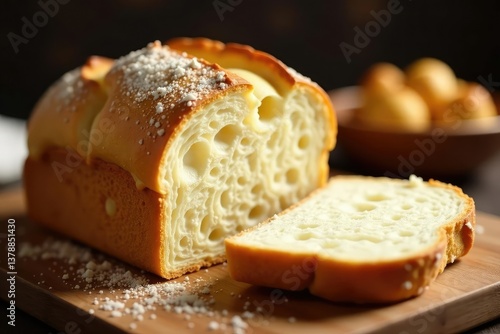 Artisanal bread loaf, crusty exterior, fluffy interior, baking, yeast, food