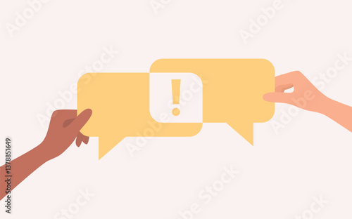 Hands of people of different nationalities and skin tones holding yellow speech bubbles with an exclamation mark between them. Flat vector illustration