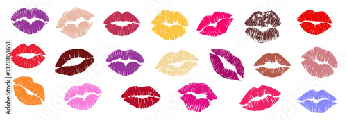 Set of Lipstick kiss prints. Red, pink, purple, wine, magenta lips. Different shapes female sexy lips. Lips makeup. Female mouth. Imprint of lips kiss illustrations isolated
