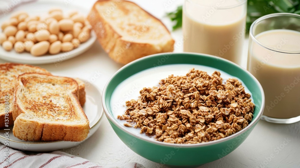 Milk vs Soy Concept, Delicious Breakfast Table with Granola Bowl and Toast Surrounded by Milk and Beans Milk vs Soy Concept, Delicious Breakfast Table with Granola Bowl and Toast Surrounded by Milk and Beans