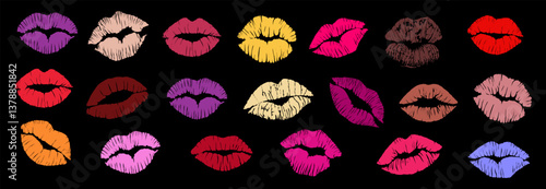 Set of Lips kiss prints. Red, pink, purple, wine, magenta lips. Different shapes female sexy lips. Lips makeup. Female mouth. Imprint of kiss vector illustration on black background.