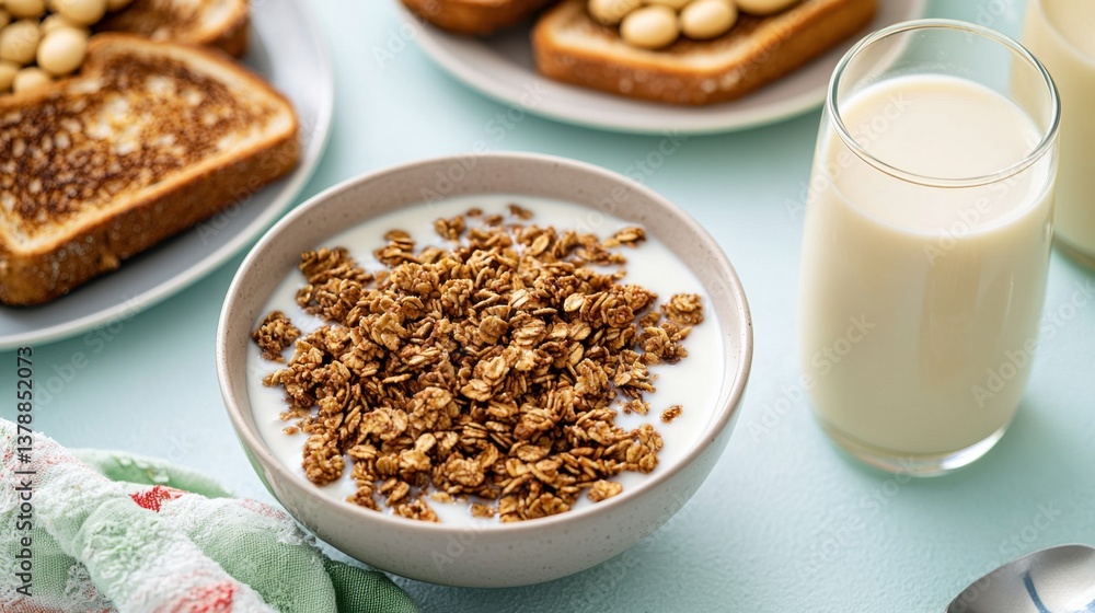Milk vs Soy Concept, Fresh Breakfast Table with Bowl of Granola, Milk, and Toasted Bread Slices Surrounded by Morning Delights Milk vs Soy Concept, Fresh Breakfast Table with Bowl of Granola, Milk, and Toasted Bread Slices Surrounded by Morning Delights