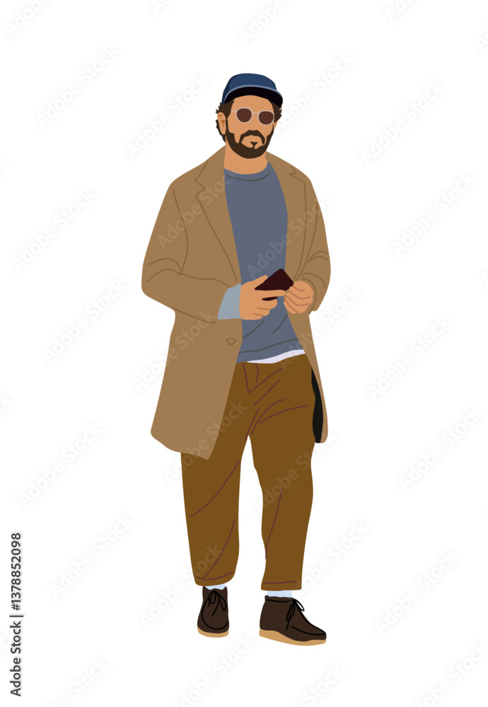 Stylish man in casual warm clothes standing with phone. Handsome guy in street fashion outfit for cold weather, winter, spring - coat, cap. Vector realistic illustration isolated Stylish man in casual warm clothes standing with phone. Handsome guy in street fashion outfit for cold weather, winter, spring - coat, cap. Vector realistic illustration isolated