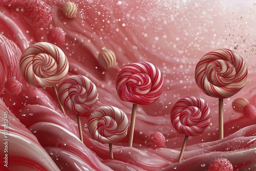Colorful Lollipops and Candy Scattered on a Whimsical Pink Landscape During a...