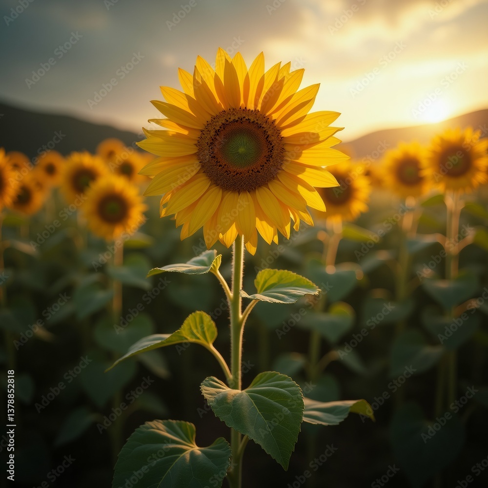 Obraz premium close sunflower middle field sunflower center its bright yellow petals dark center petals arranged circular pattern center being largest outer edges being smallest flower surrounded green leaves
