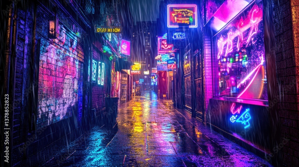 Vivid neon light corridor with reflections and rain creating a futuristic atmosphere at nighttime Vivid neon light corridor with reflections and rain creating a futuristic atmosphere at nighttime