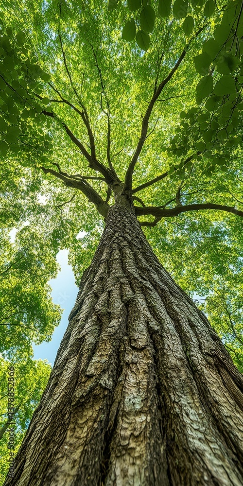 Naklejka premium Towering tree reaches sunlight in vibrant forest canopy