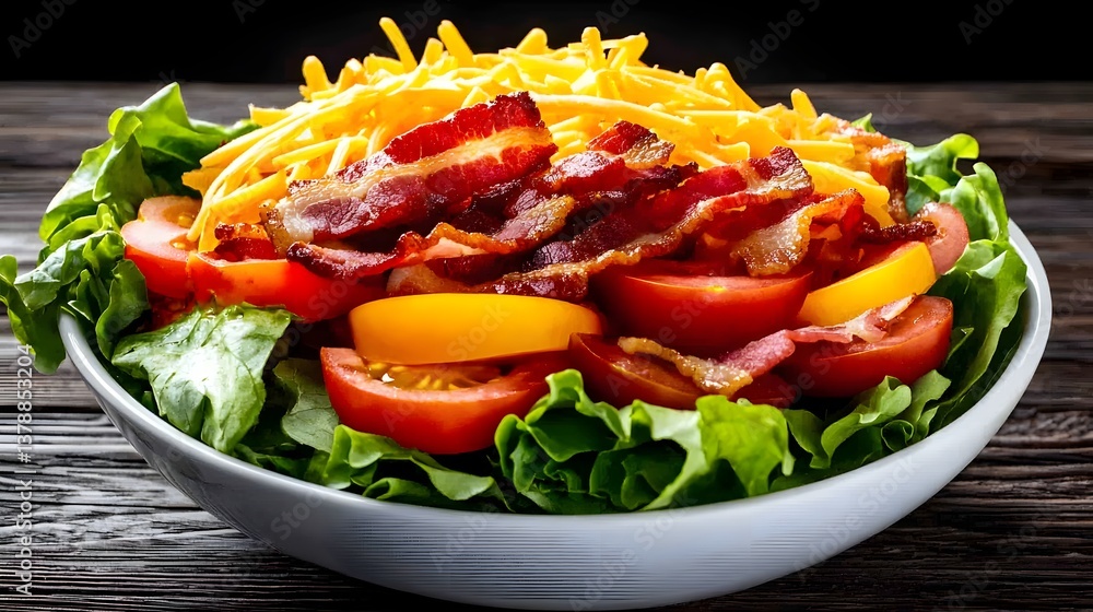 Fresh Garden Salad Topped with Crispy Bacon and Shredded Cheese on a Wooden Table Fresh Garden Salad Topped with Crispy Bacon and Shredded Cheese on a Wooden Table