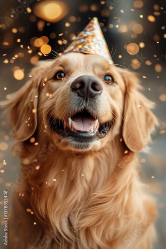 Golden Retriever Wearing a Party Hat Enjoys Autumn Leaves Celebration Outdoors