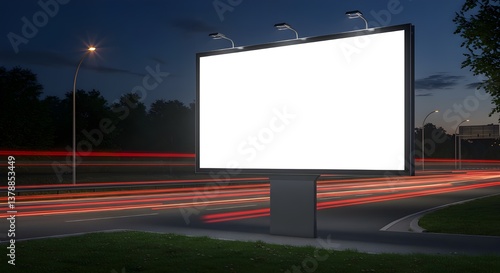 Blank Vertical Roadside Billboard Mockup Illuminated at Night on City Street - Advertising Template