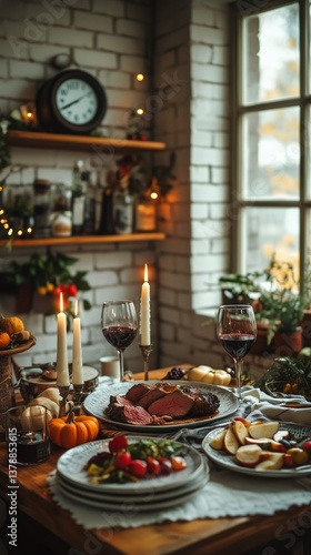 Festive Autumn Dinner Celebration With Rich Food and Inviting Ambiance in a Cozy Restaurant