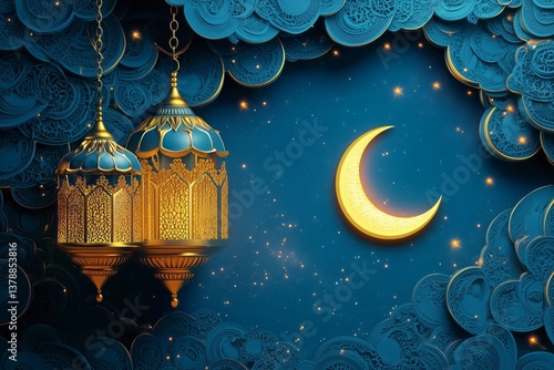 Beautiful Lanterns and Crescent Moon Against a Starry Blue Background Celebra...