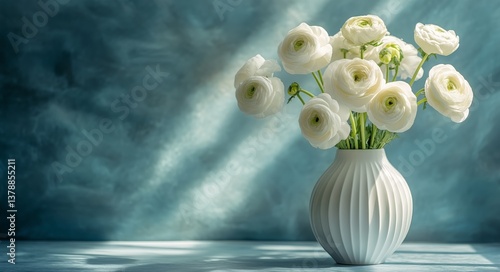 Elegant White Ranunculus Flowers in a Textured Vase Against a Serene Blue Bac...