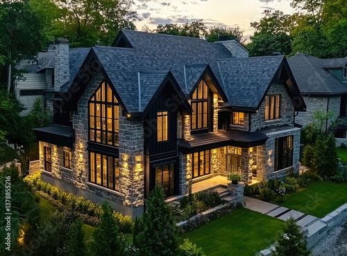 Aerial view of a luxury home with a stone exterior, black roof, and illuminated windows at dusk.
