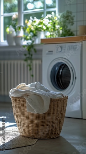 Laundry Basket Filled With Clean Clothes Beside a Washing Machine in a Bright...