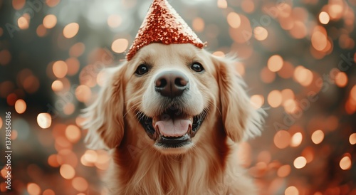Golden Retriever Celebrates With a Festive Hat Amidst Sparkling Decorations a...
