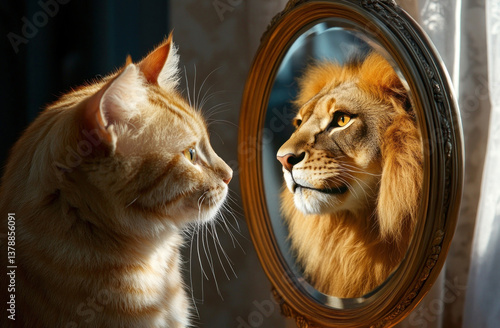 kitten looking in a mirror and seeing a lion