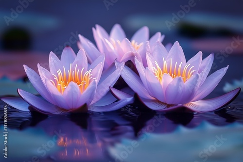 Beautiful Purple Water Lilies Bloom in Serene Pond at Twilight