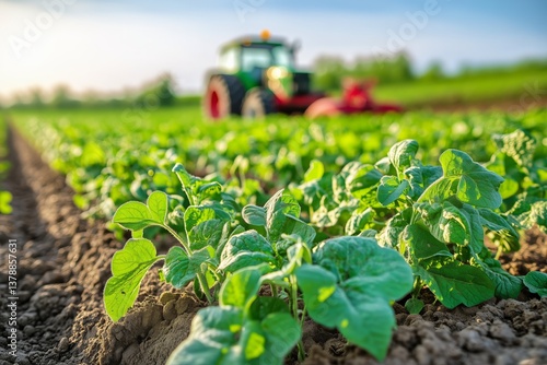 Green Crop Field With Tractor Working Under Bright Sky in Early Morning
