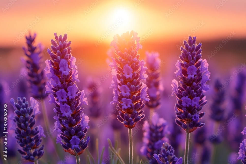 Obraz premium Lavender flowers bloom vibrantly under the warm glow of a sunset, filling the farm with vibrant colors and soothing aromas, capturing nature's beauty Generative AI