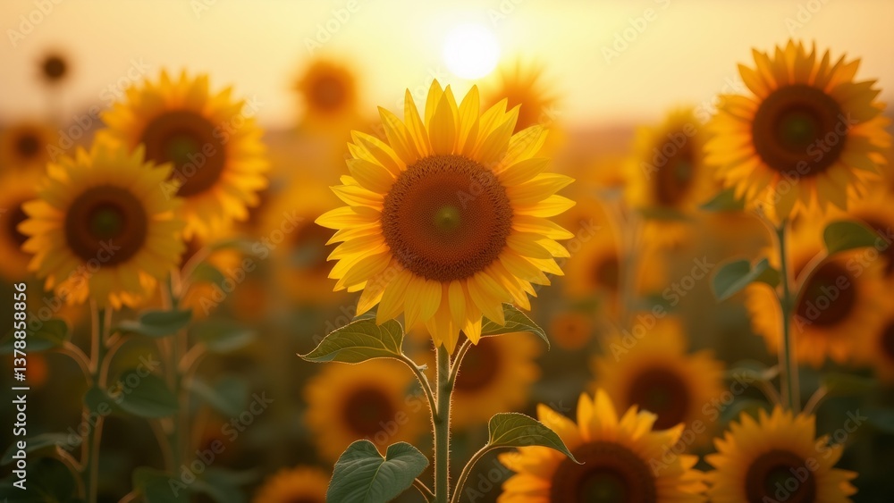 Obraz premium close sunflower middle field sunflower center its bright yellow petals dark brown center petals arranged circular pattern overlapping background blurred appears field sunflowers sun setting distance
