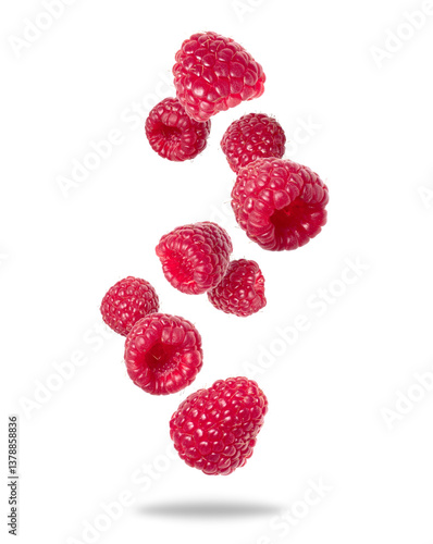 Levitating raspberries in the air on a transparent background