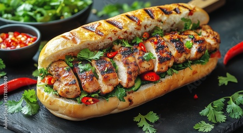 Grilled Chicken Sandwich With Fresh Herbs and Chili Peppers on a Wooden Surface