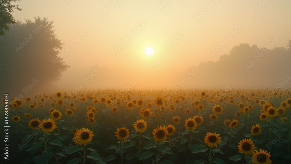 field sunflowers sun setting background sun partially obscured thick fog creating hazy misty atmosphere sky pale orange color sun visible top right corner field filled large bright yellow flowers field sunflowers sun setting background sun partially obscured thick fog creating hazy misty atmosphere sky pale orange color sun visible top right corner field filled large bright yellow flowers