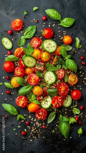 Fresh Vegetable Salad With Colorful Tomatoes and Quinoa Served on a Black Sla...