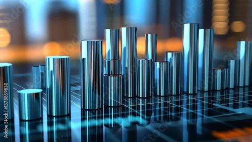 Sleek metallic bar graph representing data analysis in a modern urban environment at dusk